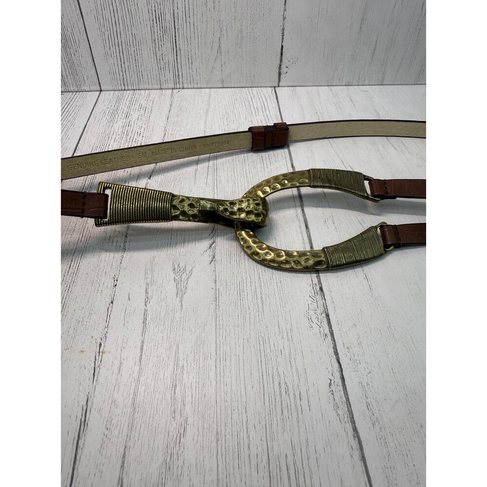 Chico's Hammered Brass Brown Leather Adjustable Belt Artsy Boho Small Medium - Picture 13 of 14